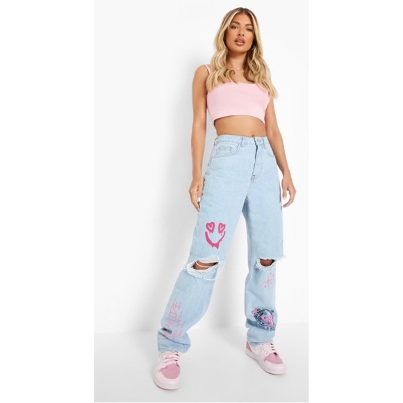 Boohoo straight leg distressed graffiti jeans size 6 90’s Y2K baggy grunge girly - Picture 12 of 13